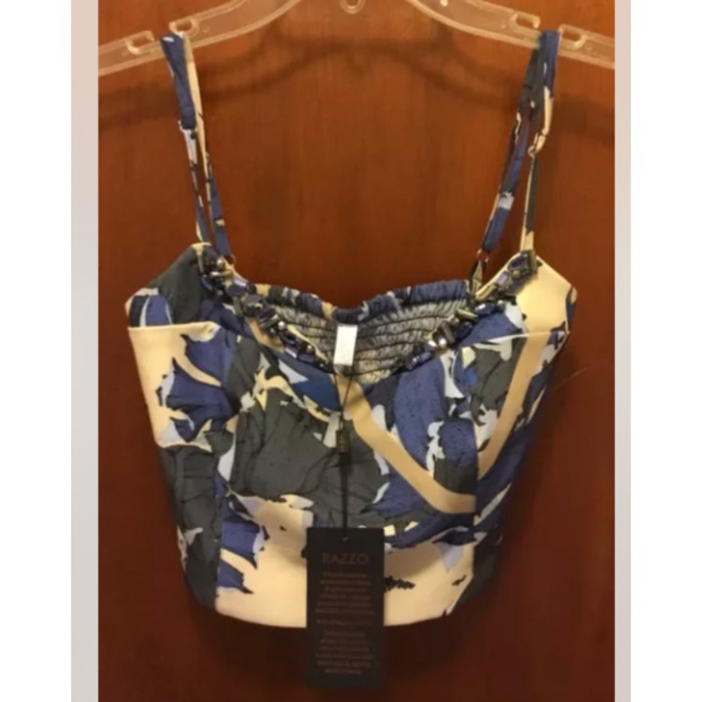 NEW NWT Woman RAZZO JEANS Blue Cream Jeweled Sleeveless Stretch Crop Top Sz 4